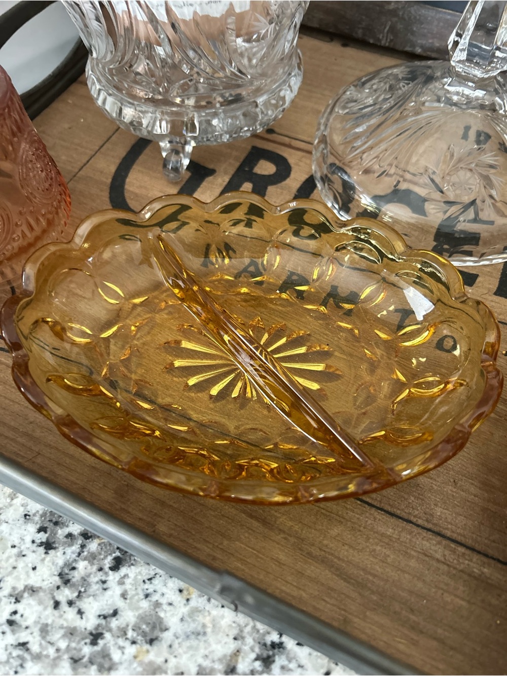 Vintage Amber Glass Divided Serving Dish Tray